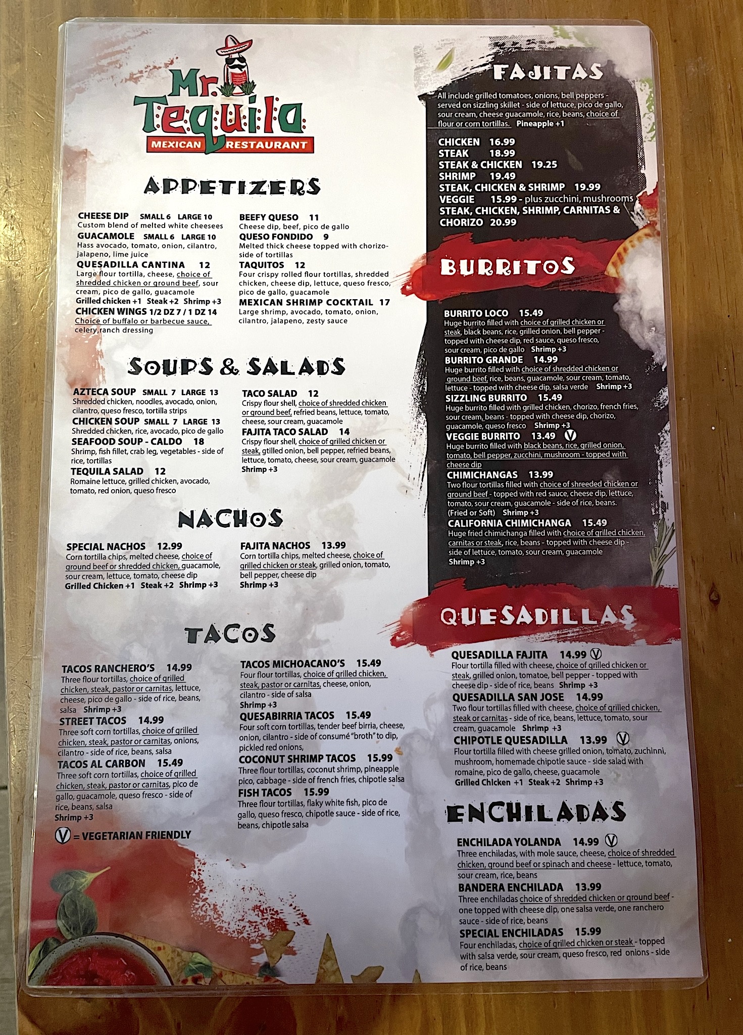 Mr Tequila Mexican Restaurant Dinner Menu Jan 2023